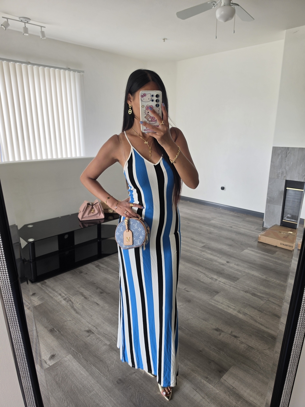 Striped Blue & White Maxi Slip Dress with Side Slit - Picture 8 of 13